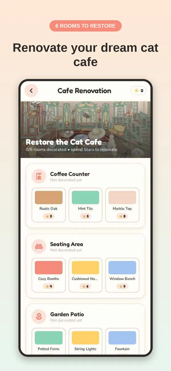 Cafe renovation screen showing rooms to decorate