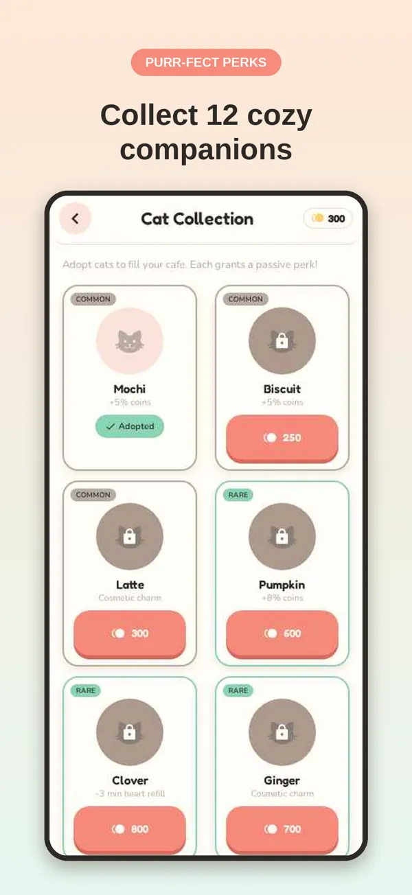 Cat collection screen with 12 adoptable cats