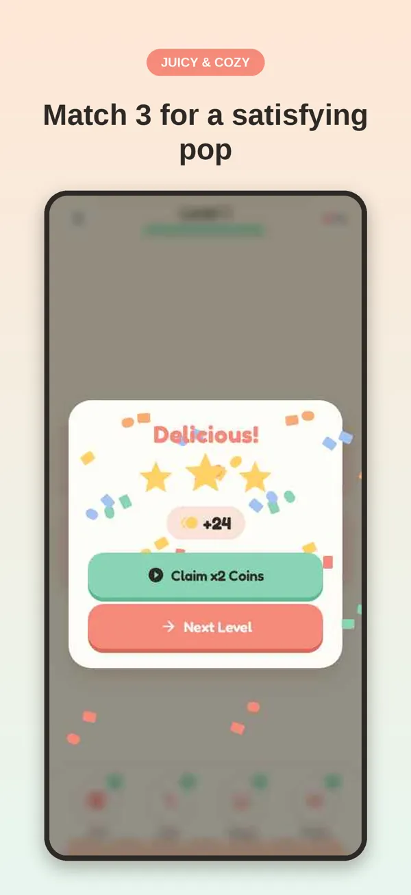 Level complete screen with three stars in Cafe Stack Pop